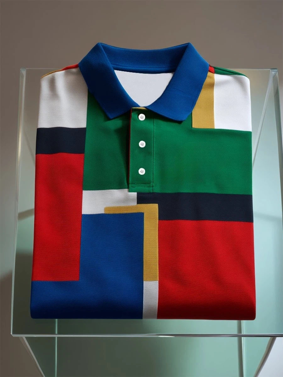 Men's Business Casual Mondrian Geometric Art Button Short Sleeve Polo 
