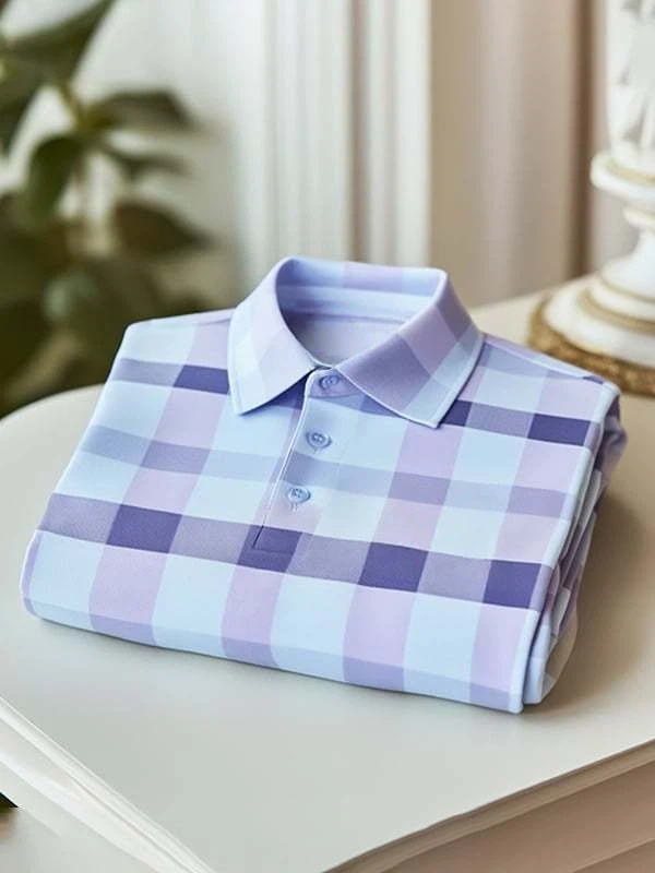 Men's Classic Business Check Logo Button Short Sleeve Polo Shirt