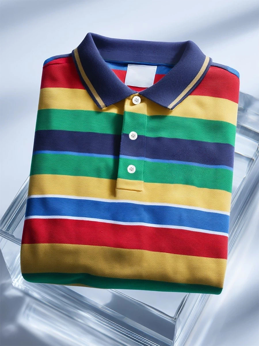 Men's Business Casual Stripe Art Button Short Sleeve Polo Shirt