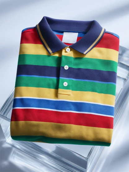 Men's Business Casual Stripe Art Button Short Sleeve Polo Shirt
