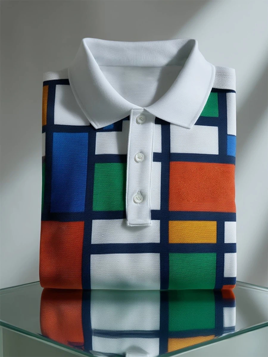 Men's Business Casual Mondrian Geometric Art Button Short Sleeve Polo 