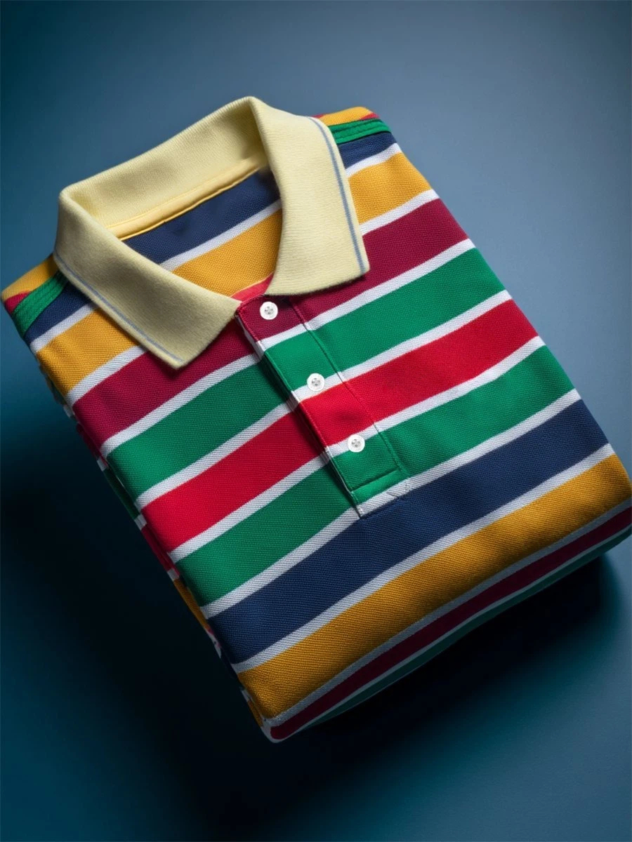 Men's Business Casual Stripe Art Button Short Sleeve Polo Shirt