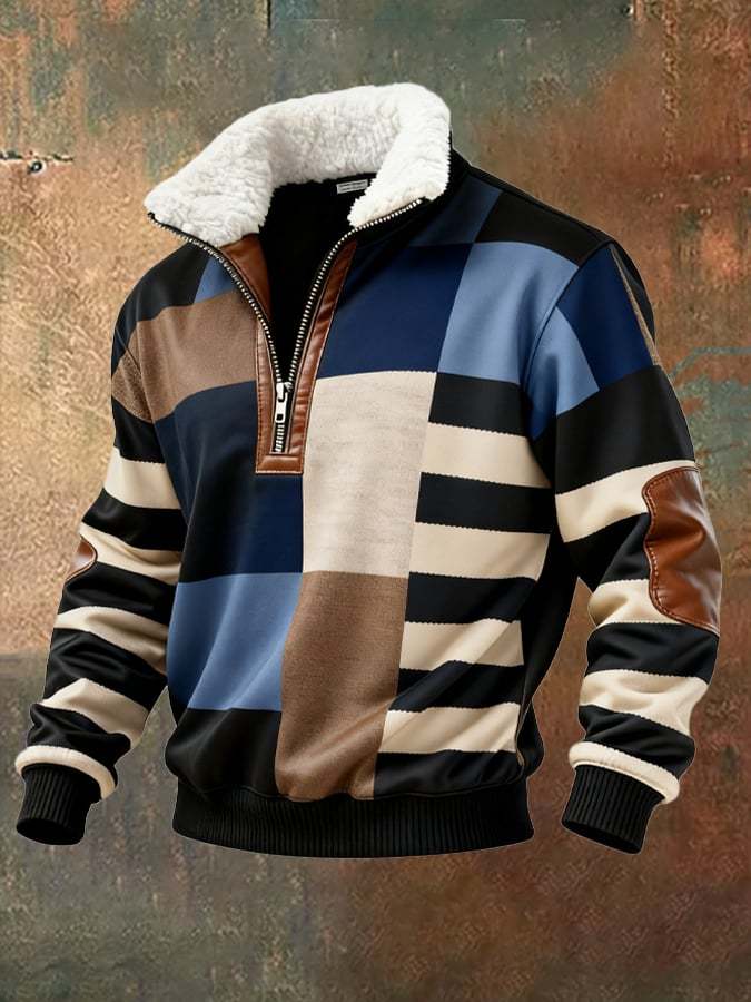 Men's Retro Color Block Print Casual Fur Collar Long Sleeve Sweatshirt