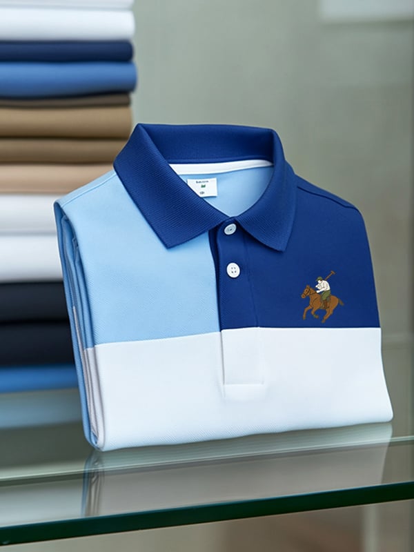 Men's Classic Business Check Logo Button Short Sleeve Polo Shirt