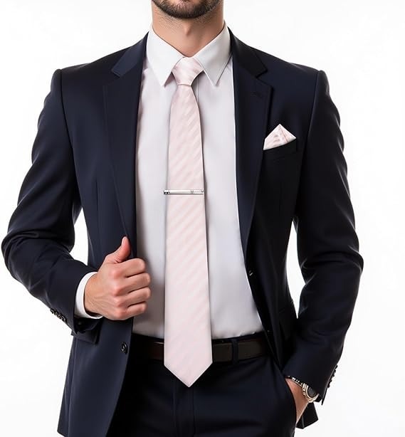 Men's Solid Color Tie and Pocket Square Set,Pink