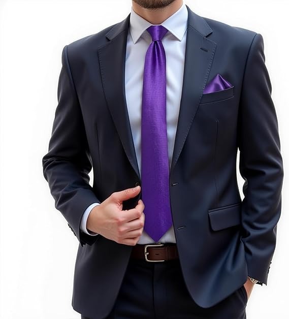 Men's Solid Color Tie and Pocket Square Set,Purple
