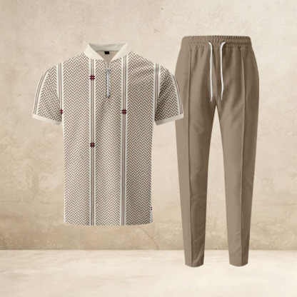 Men's Off White Printed Casual Two-Piece Set: Short-Sleeve Zip-Up Top & Trousers
