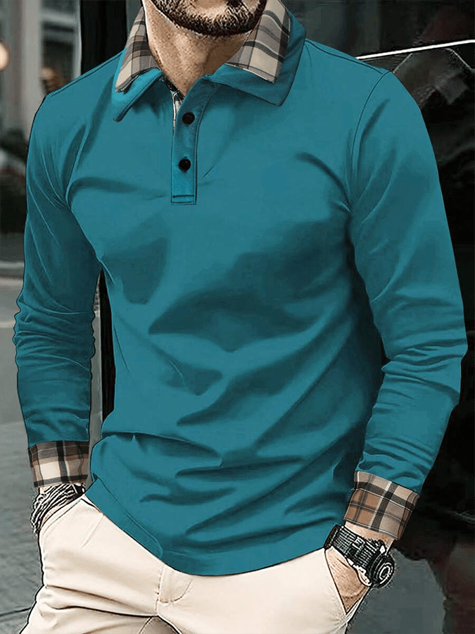Men's Plaid Business Casual Long Sleeve Polo Shirt