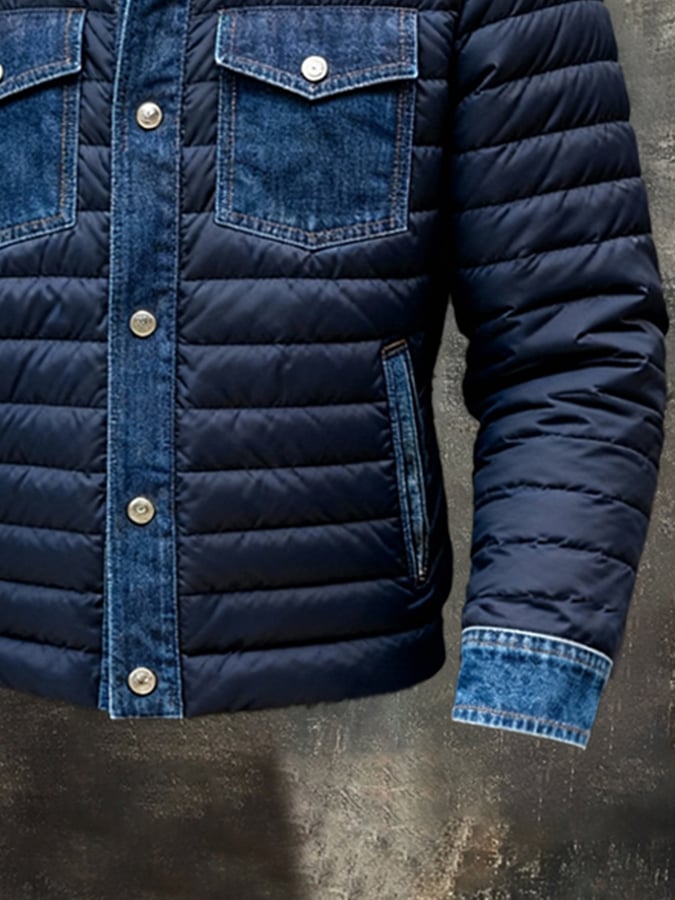 Men'S Vintage Denim Patchwork Outdoor Jacket Cotton Coat