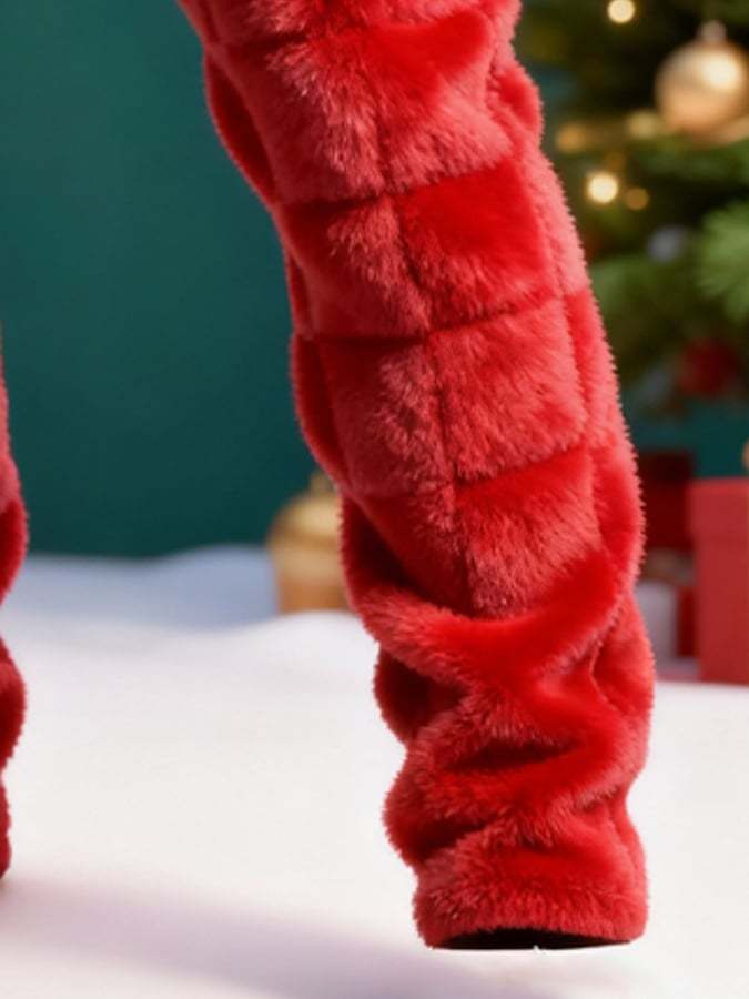 Men's Red Textured Plush Warm Christmas Cargo Pants