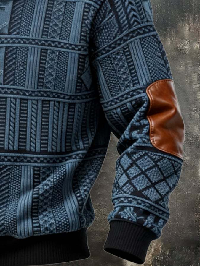 Men's Retro Color Block Print Casual Fur Collar Sweatshirt