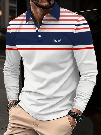 Men's Business Casual Striped Long-Sleeved Polo Shirt