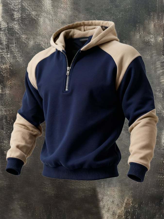Men's Retro Stitching Contrast Color Casual Half Zip Hooded Sweatshirt Suit