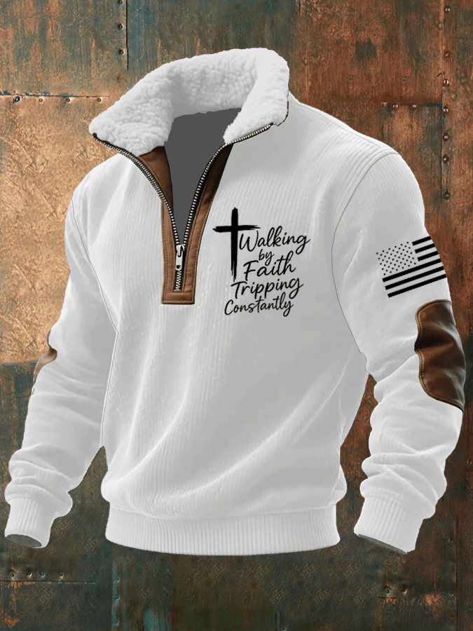 Men's Faith Print Knitted Fabric Zipper Fur Collar Long-Sleeved Sweatshirt