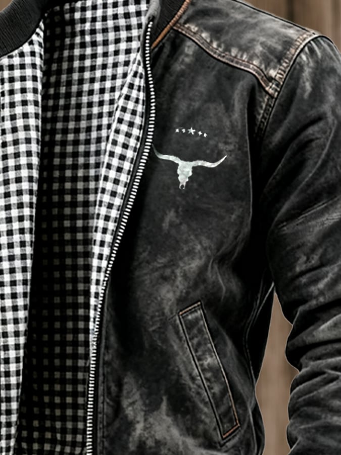 Men's Vintage Suede and Plaid Lining Multi-Pocket Outdoor Jacket