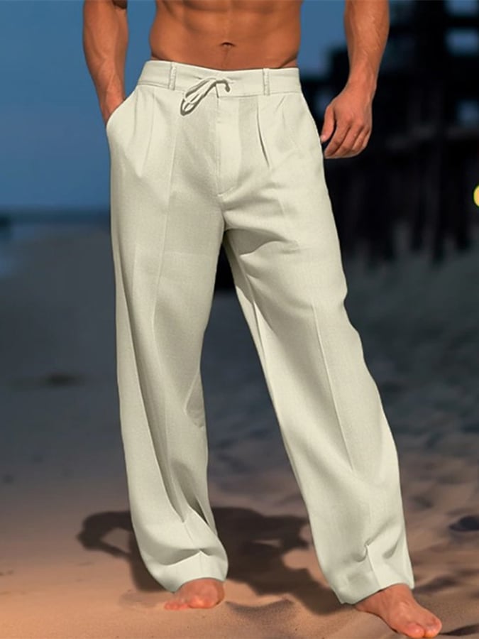 Men's Casual Solid Color Cotton And Linen Comfortable Vacation Trousers