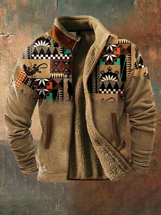 Men's vintage western hunting patchwork warm fleece jacket