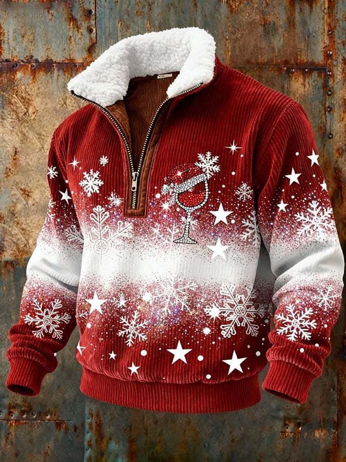 Men's Christmas Wine Glass Print Jacquard Zipper Fur Collar Long Sleev