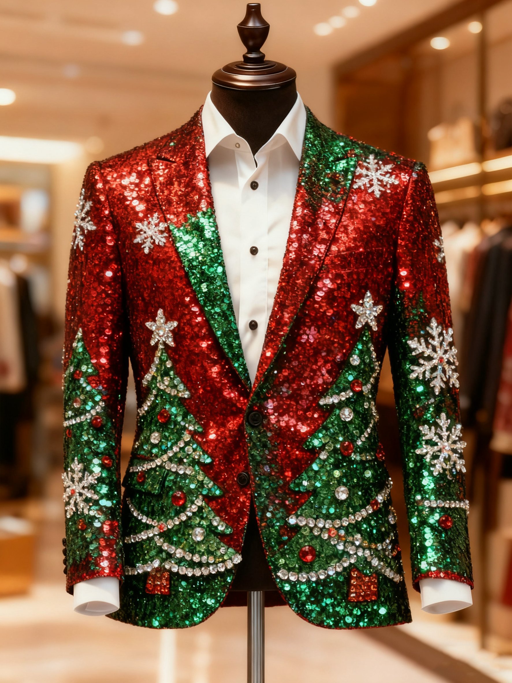 Men's Business Casual Large Pocket Notch Lapel Print Christmas Tree Bl