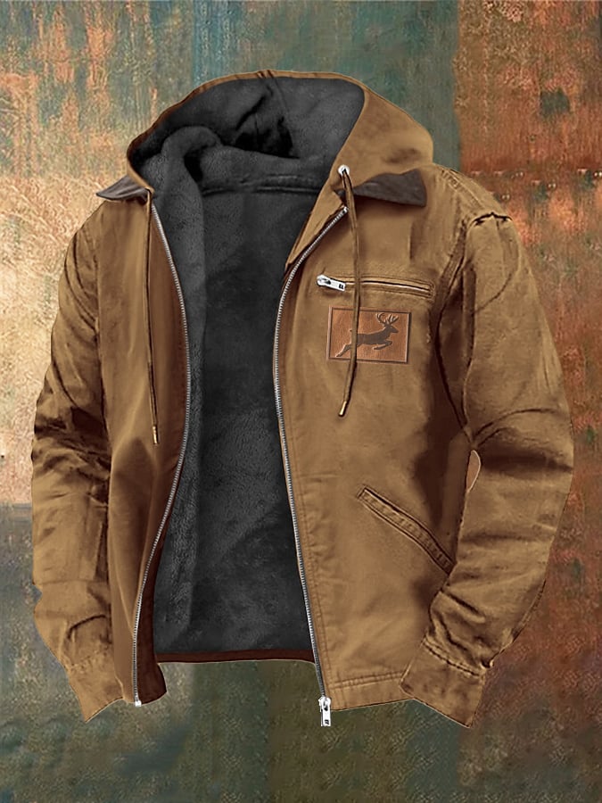 Men's Vintage Plush Western Elk Print Zipper Jacket