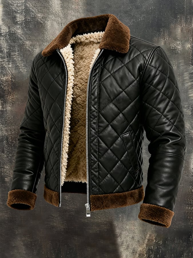 Men'S Vintage Warm Soft Leather Large Fur Collar Outdoor Jacket