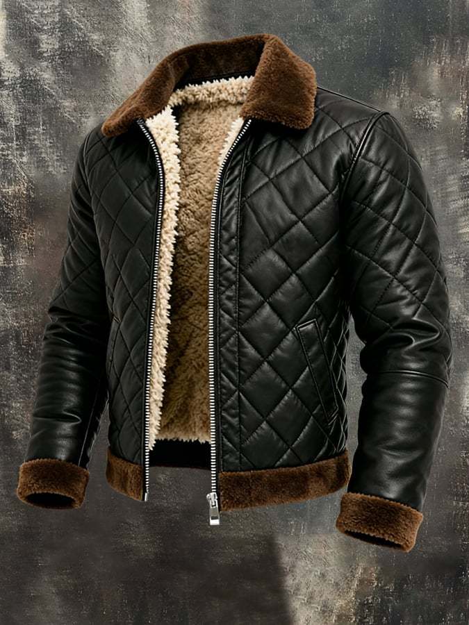 Men'S Vintage Warm Soft Leather Large Fur Collar Outdoor Jacket