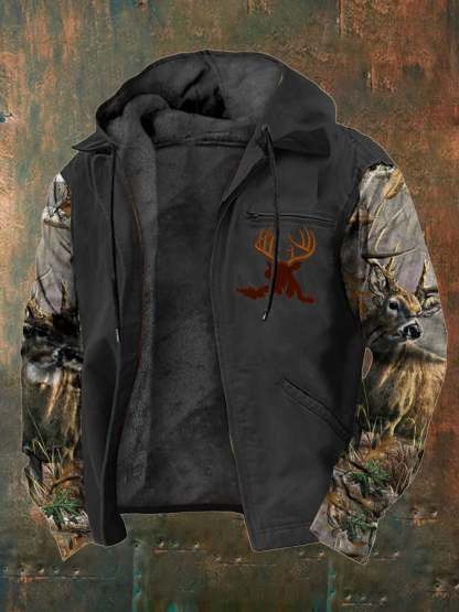 Men's Western Style Vintage Elk Plush Multi-Pocket Jacket