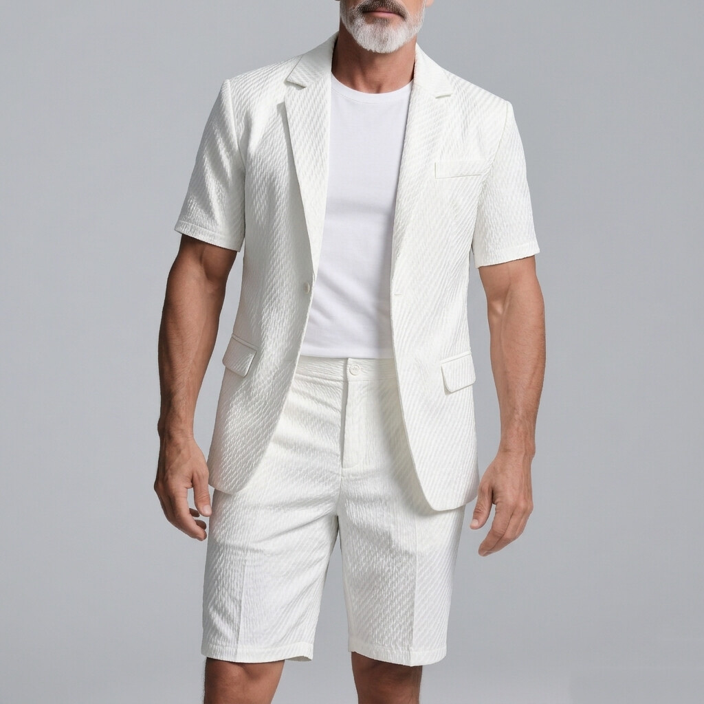 Men's Business Casual Plain Welt Pocket Notched Lapel Short Sleeve Blazer & Shorts 2Pcs Set