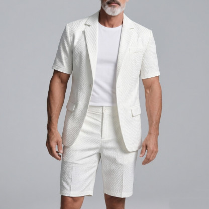 Men's Business Casual Plain Welt Pocket Notched Lapel Short Sleeve Blazer & Shorts 2Pcs Set