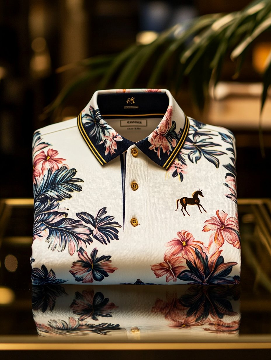 Men's Business Casual Floral Print Pony Logo Button Short Sleeve Polo Shirt