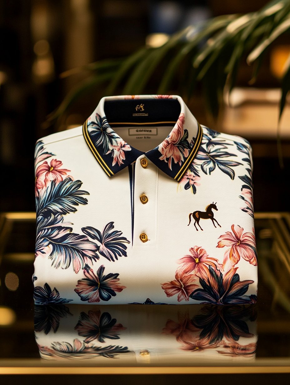 Men's Business Casual Floral Print Pony Logo Button Short Sleeve Polo 