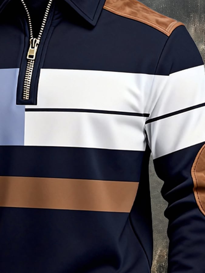 Men's Retro Color Block Print Zipper Sweatshirt