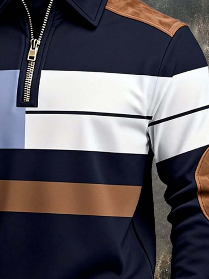 Men's Retro Color Block Print Zipper Sweatshirt