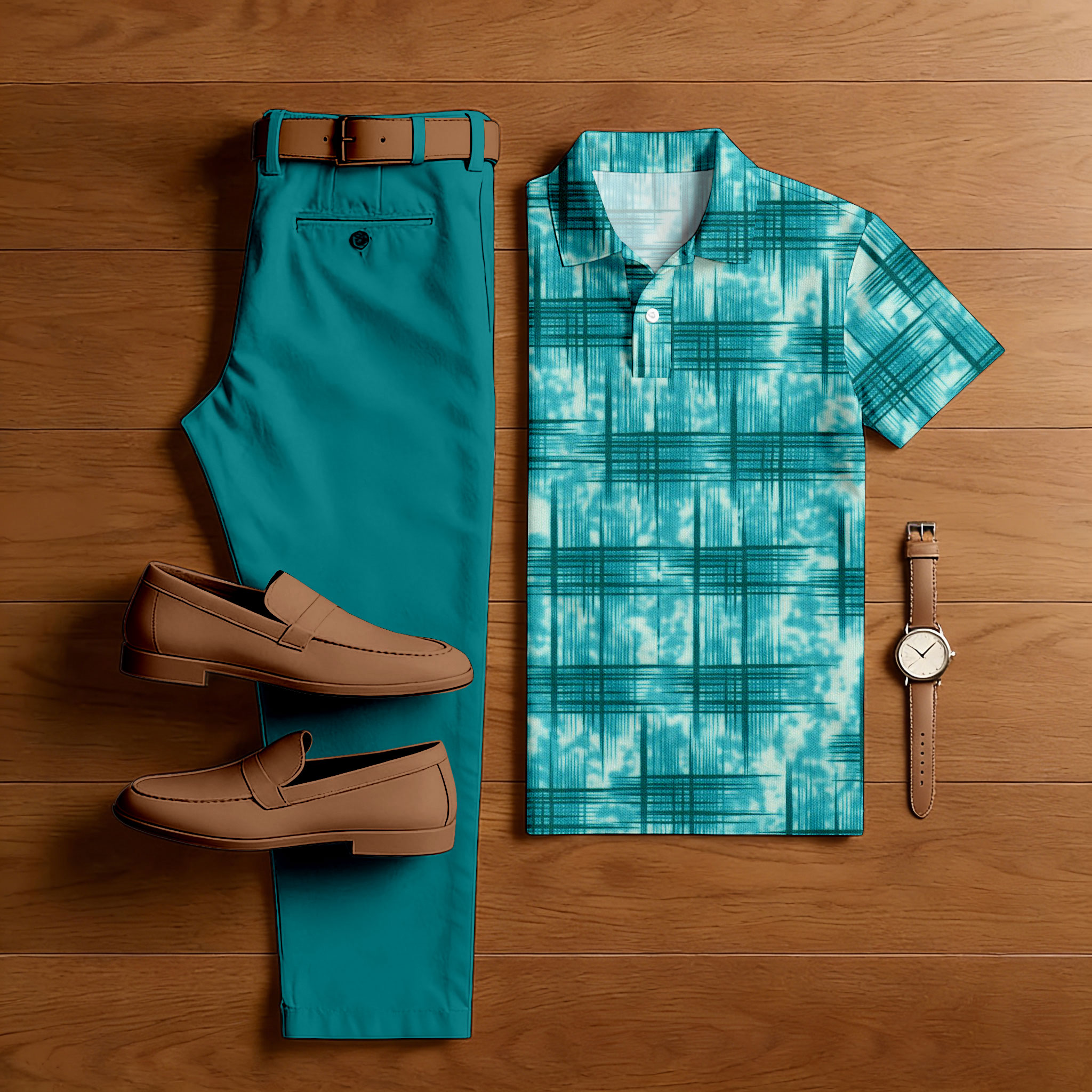 Men's Casual Green Color Matching Checkered Printed Short Sleeved Polo Shirt & Trousers Two-Piece Set
