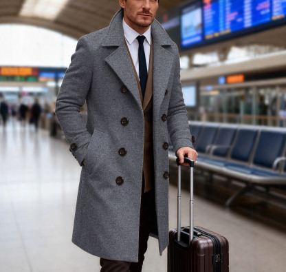 Men's long double-breasted trench coat
