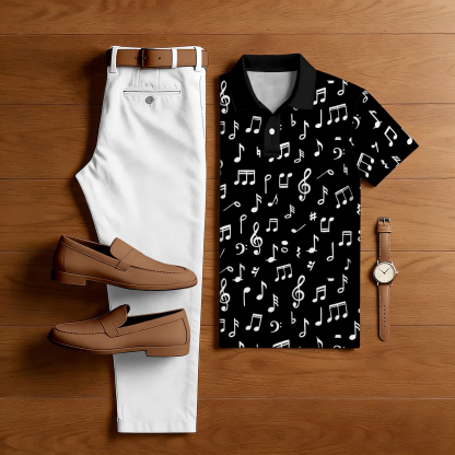 Men's Casual Black & White Color Matching Music Art Printed Short Sleeved Polo Shirt & Trousers Two-Piece Set