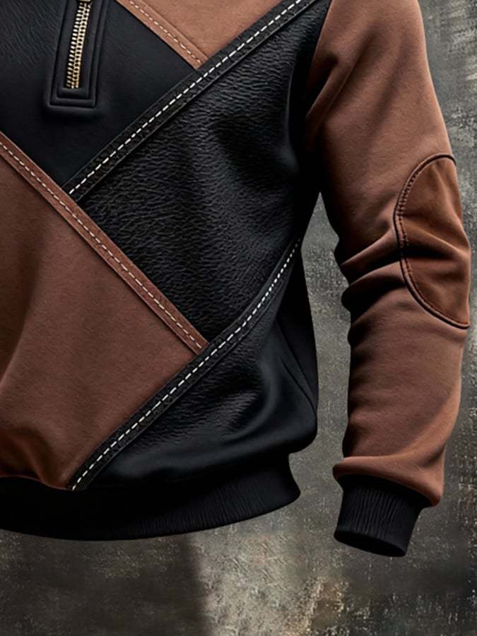Men's Retro Color Block Print Color-Blocked Zip-Up Sweatshirt