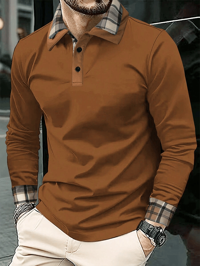 Men's Plaid Business Casual Long Sleeve Polo Shirt