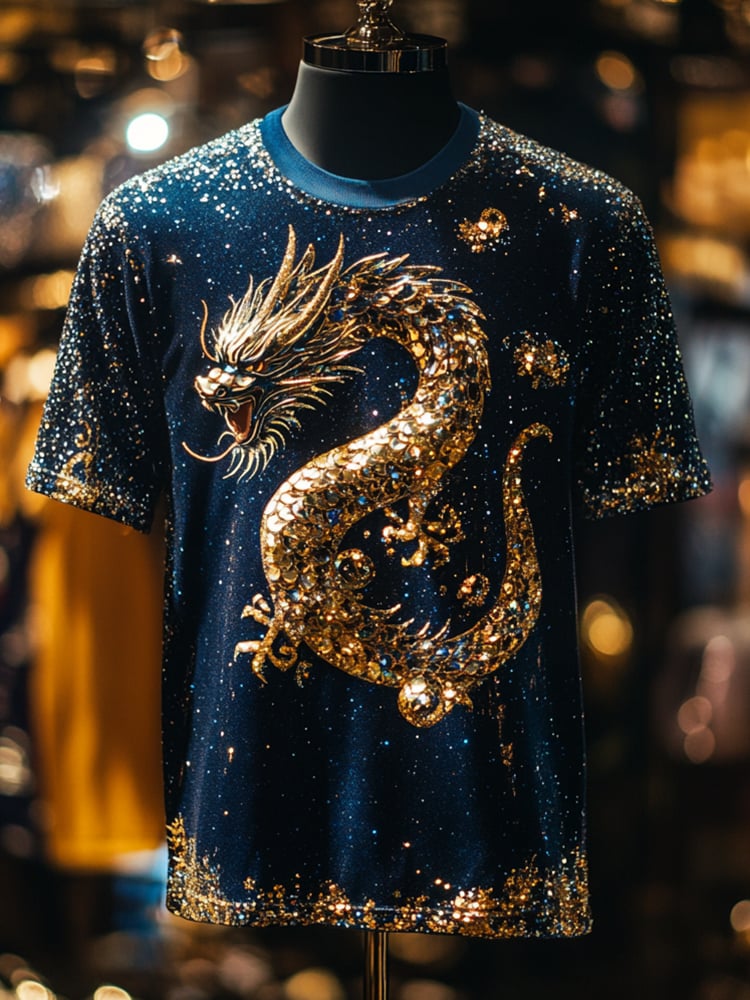 Men's Dragon Sequin Business Print Short Sleeve T-Shirt