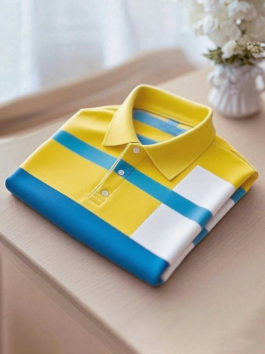 Men's Business Casual Blue and Yellow Block Logo Button Short Sleeve P