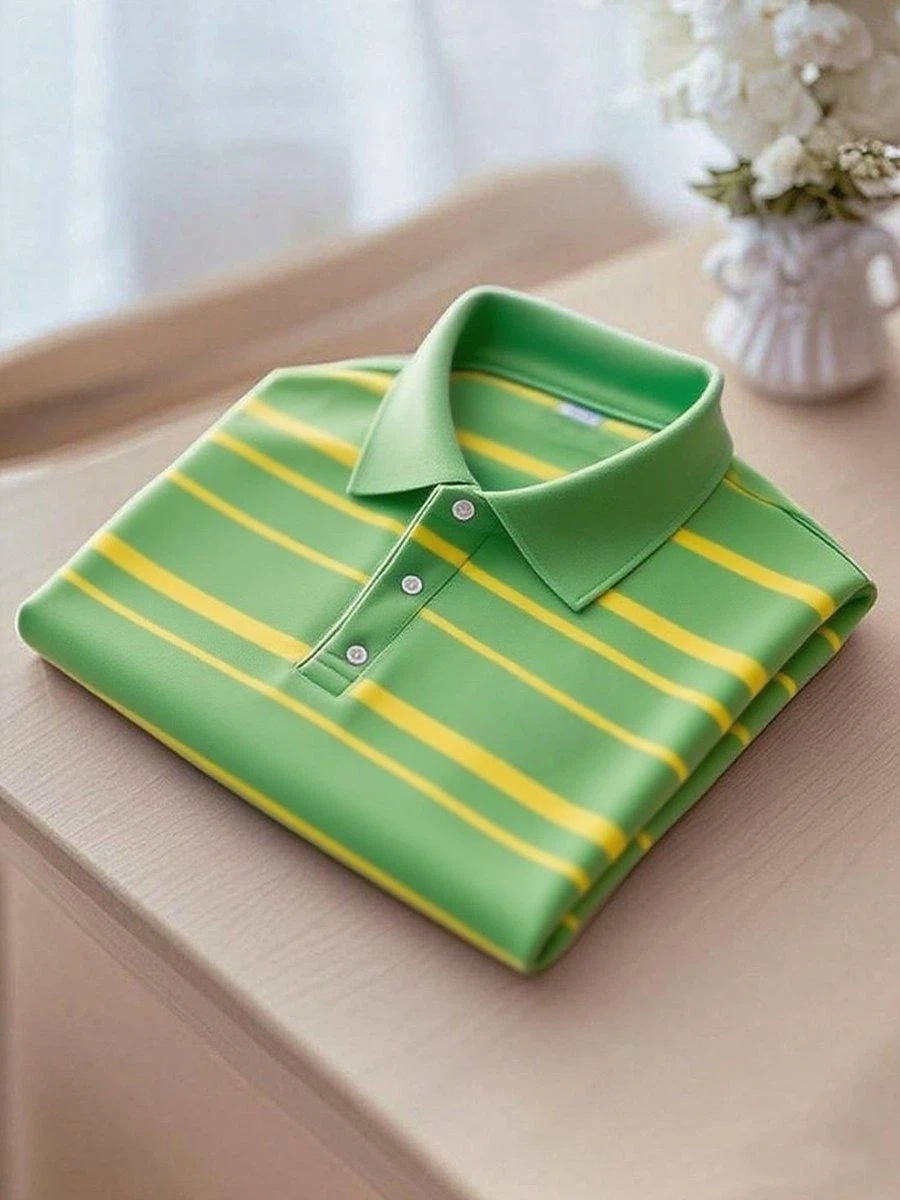 Men's Business Casual Green and Yellow Striped Logo Button Short Sleev