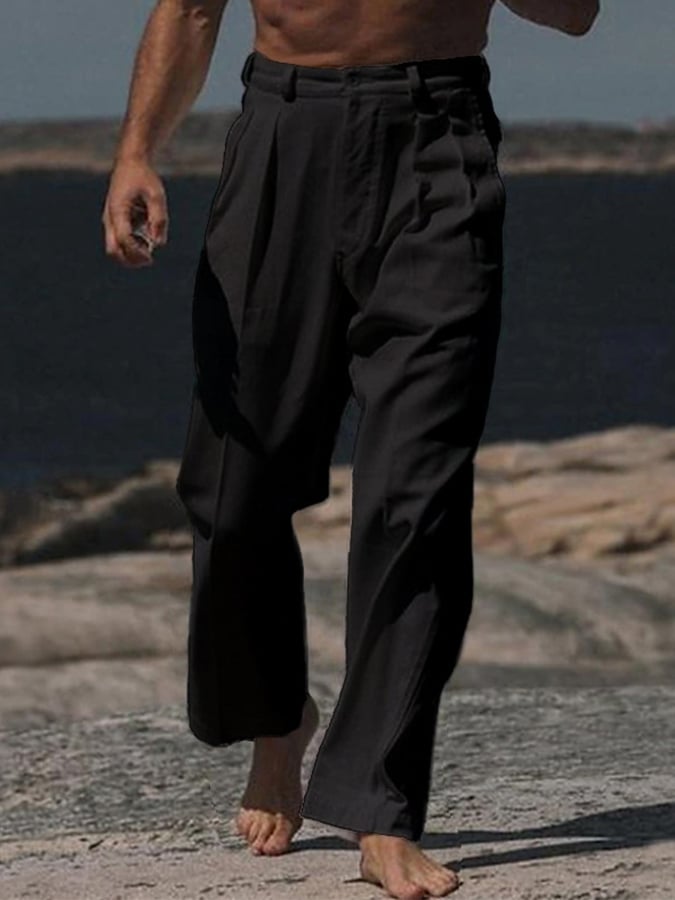 Men's Casual Solid Color Cotton And Linen Trousers With Pockets