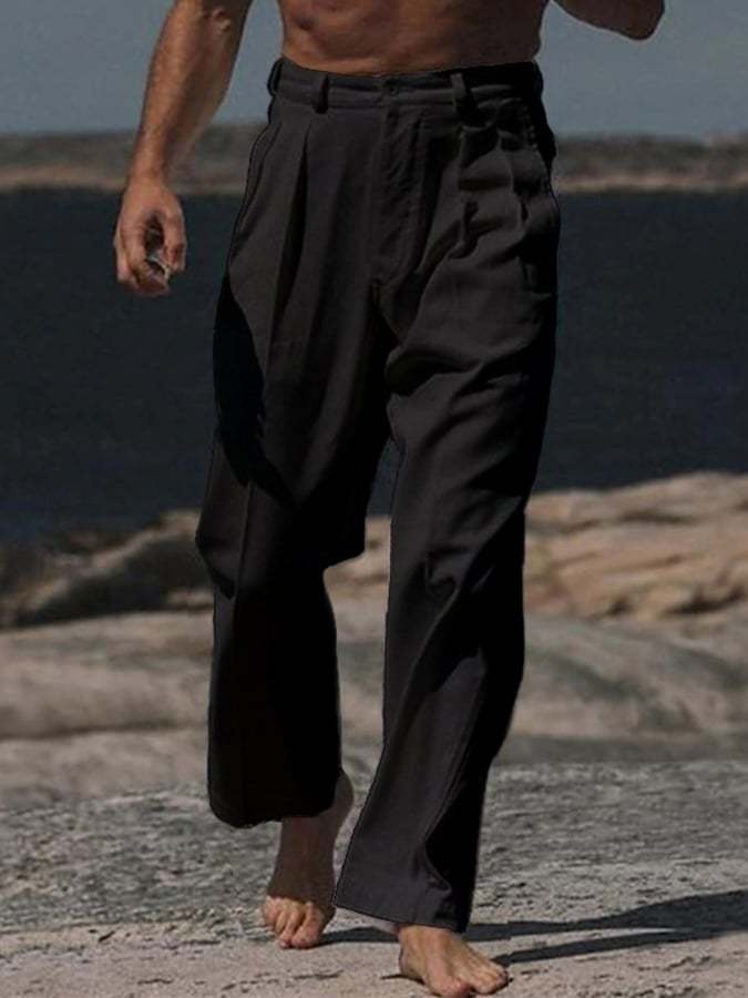 Men's Casual Solid Color Cotton And Linen Trousers With Pockets