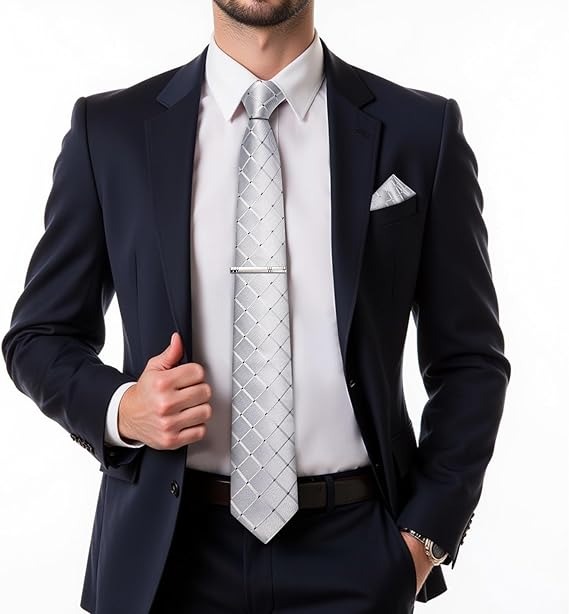 Men's Solid Color Tie and Pocket Square Set,Silver Grey Paisley