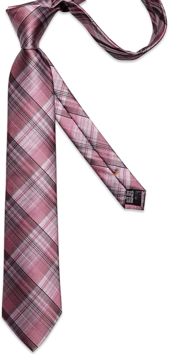 Men's Solid Color Tie and Pocket Square Set,Pink Plaid