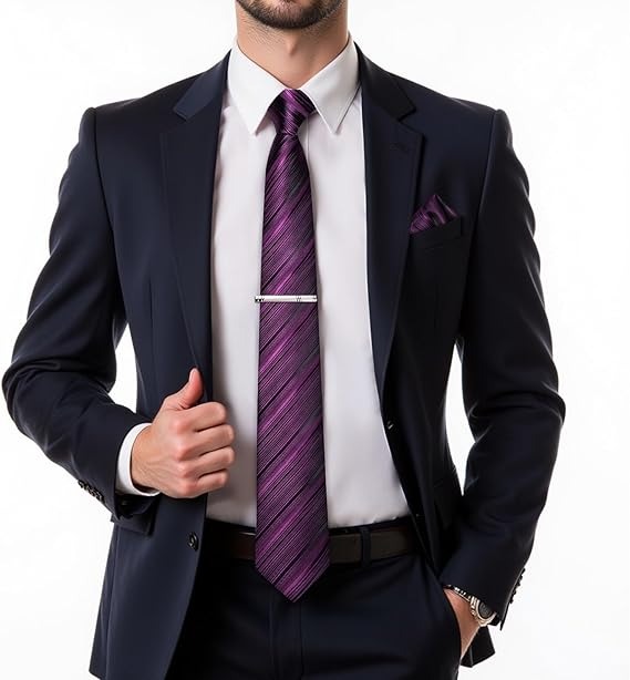 Men's Solid Color Tie and Pocket Square Set,Dark Purple