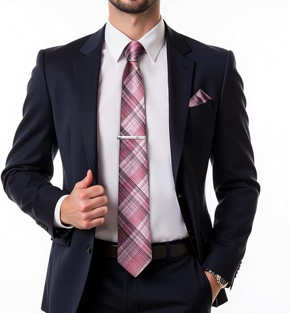 Men's Solid Color Tie and Pocket Square Set,Pink Plaid
