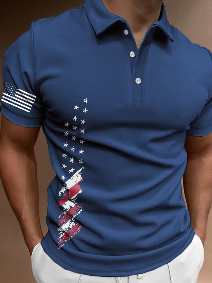 Men's Retro Flag Print Casual  Polo Shirt