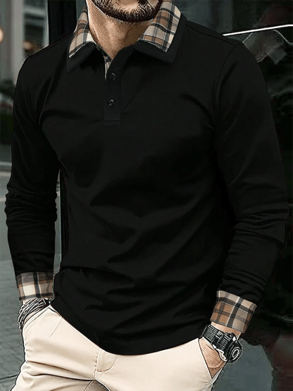 Men's Plaid Business Casual Long Sleeve Polo Shirt