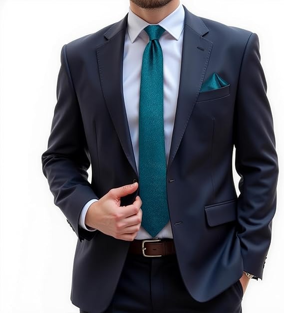 Men's Solid Color Tie and Pocket Square Set,Teal